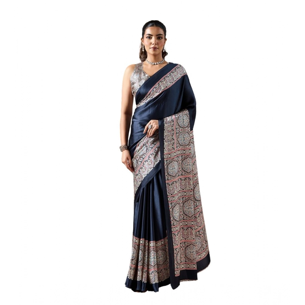 Women's Satin Crepe Printed Saree With Unstitched Blouse 5.5Mtr (Navy Blue)