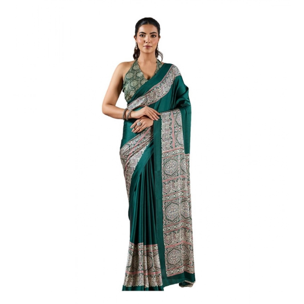 Women's Satin Crepe Printed Saree With Unstitched Blouse 5.5Mtr (Green)