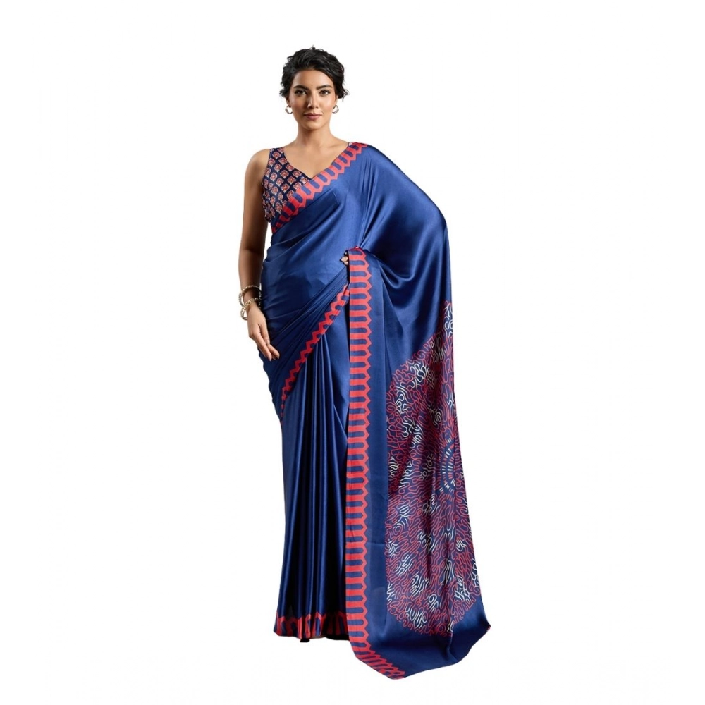 Women's Satin Crepe Printed Saree With Unstitched Blouse 5.5Mtr (Blue)