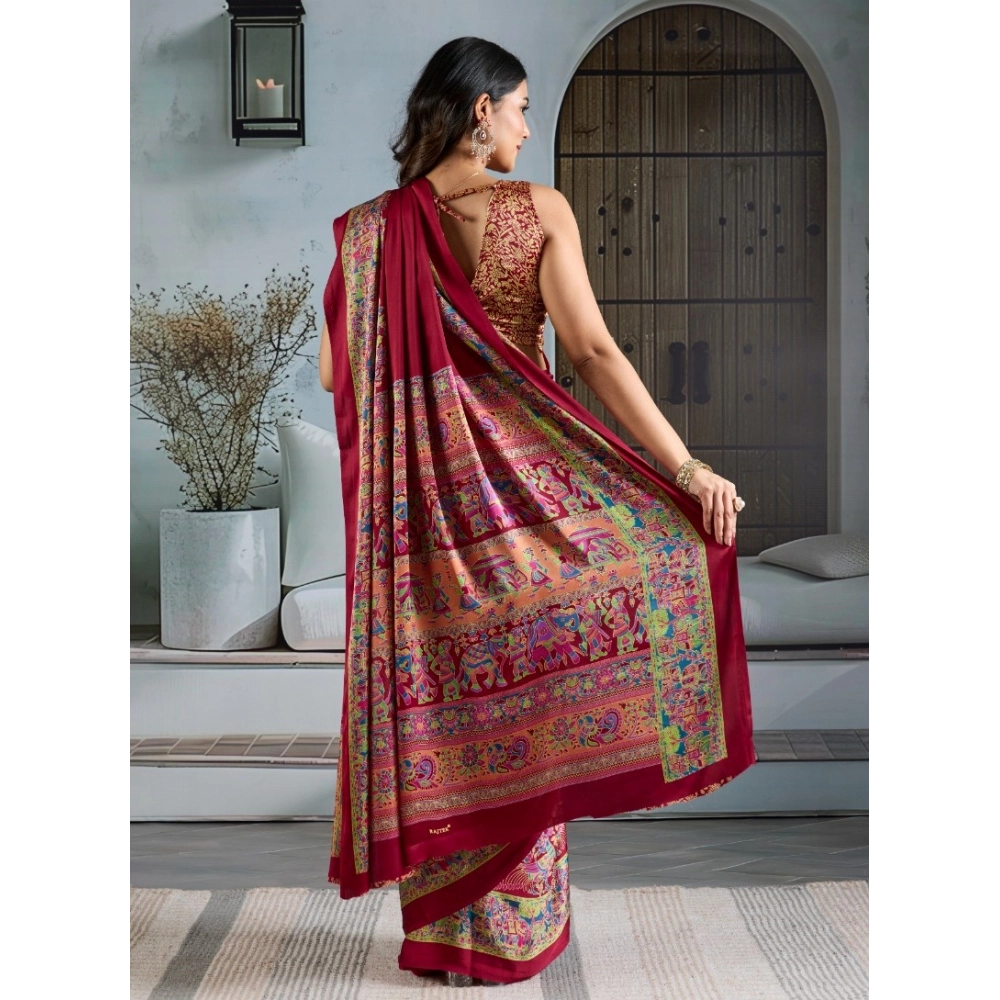 Women's Satin Crepe Printed Saree With Unstitched Blouse 5.5Mtr (Maroon) - Image 4