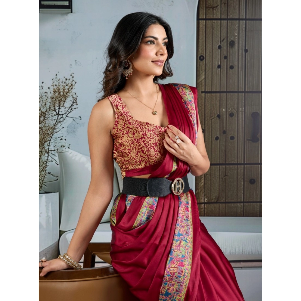 Women's Satin Crepe Printed Saree With Unstitched Blouse 5.5Mtr (Maroon) - Image 3