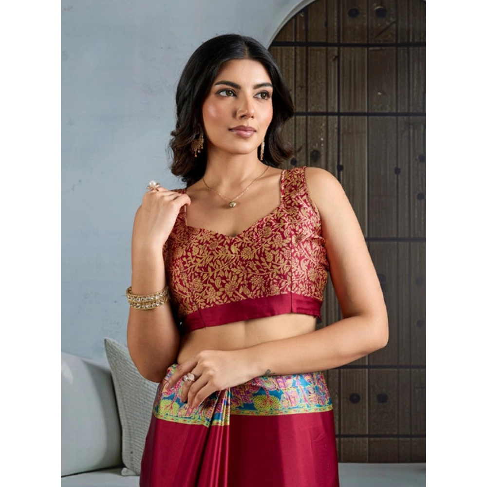 Women's Satin Crepe Printed Saree With Unstitched Blouse 5.5Mtr (Maroon) - Image 2