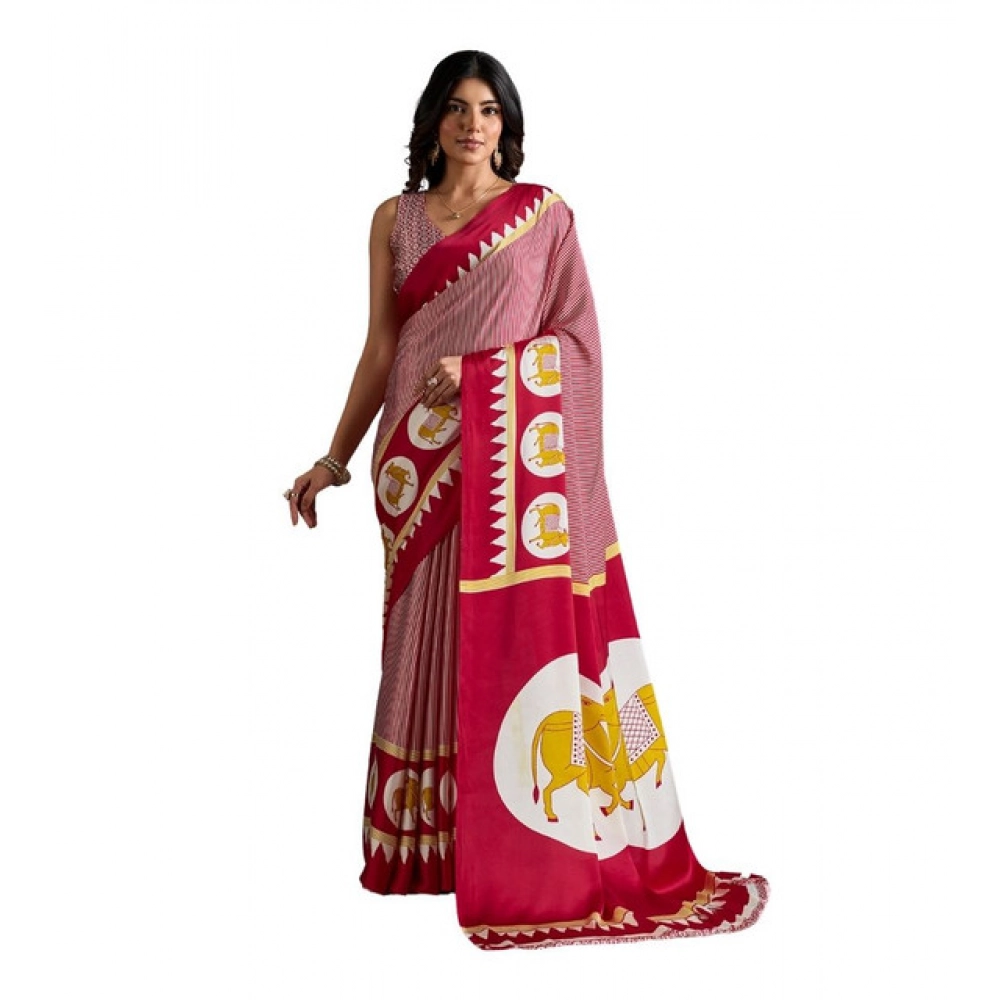 Women's Satin Crepe Printed Saree With Unstitched Blouse 5.5Mtr (Red)