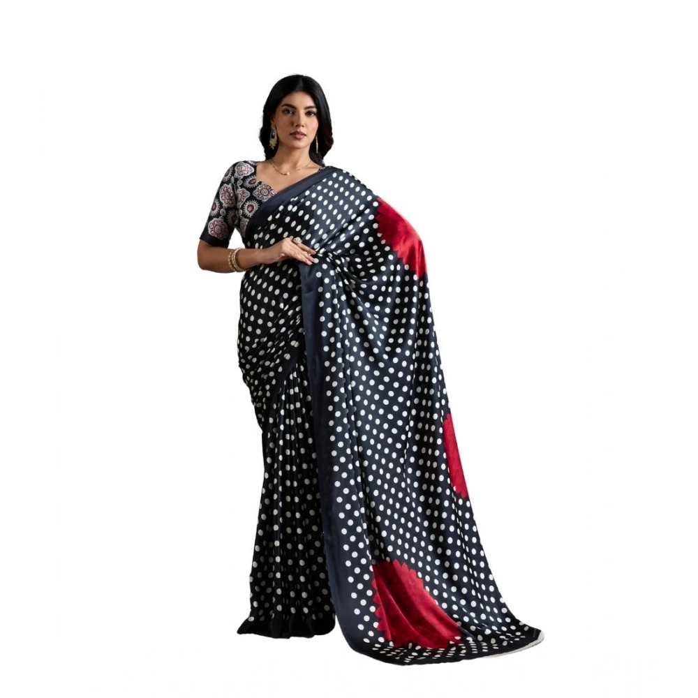 Women's Satin Crepe Printed Saree With Unstitched Blouse 5.5Mtr (Black)
