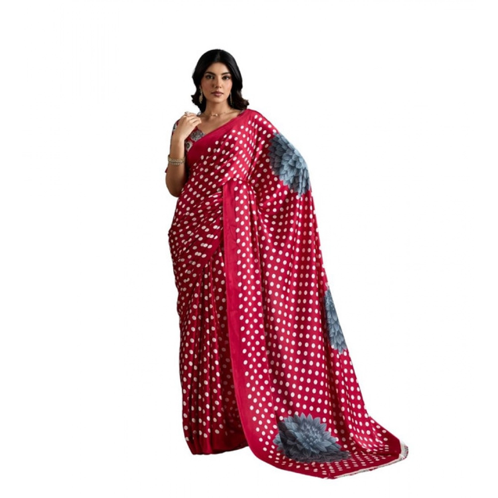 Women's Satin Crepe Printed Saree With Unstitched Blouse 5.5Mtr (Red)
