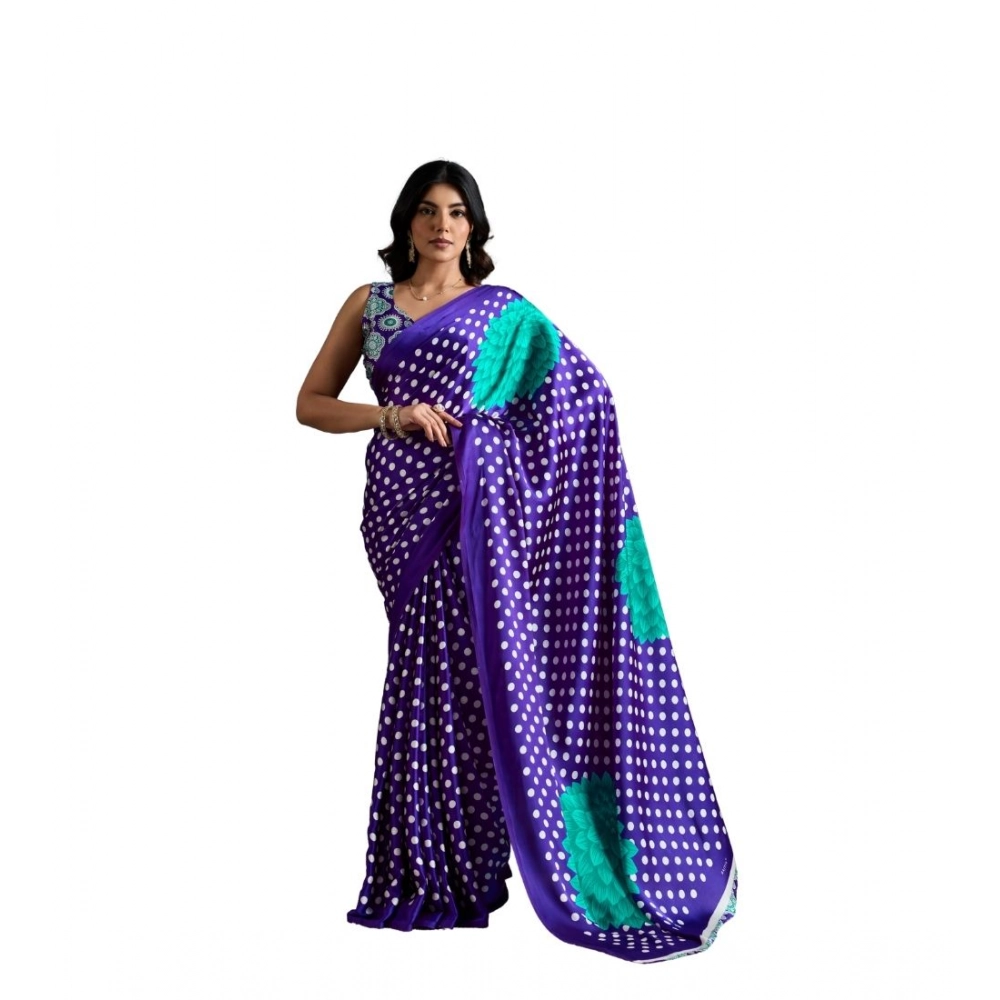 Women's Satin Crepe Printed Saree With Unstitched Blouse 5.5Mtr (Purple)
