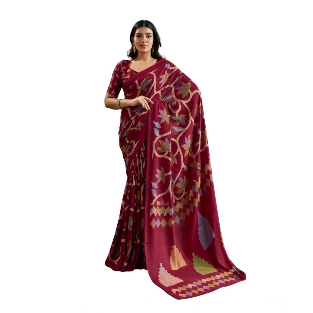 Women's Satin Crepe Printed Saree With Unstitched Blouse 5.5Mtr (Maroon)