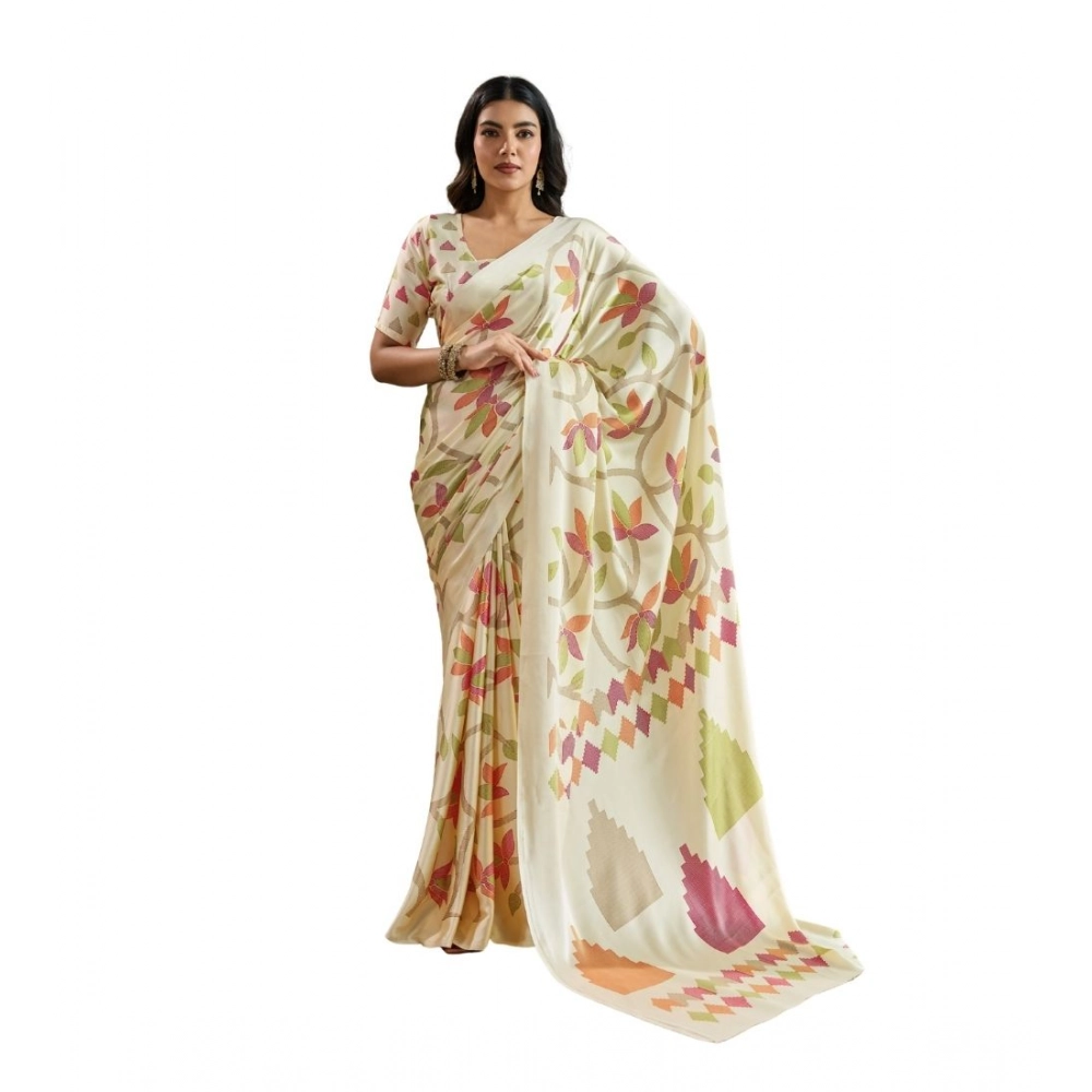 Women's Satin Crepe Printed Saree With Unstitched Blouse 5.5Mtr (Off White)