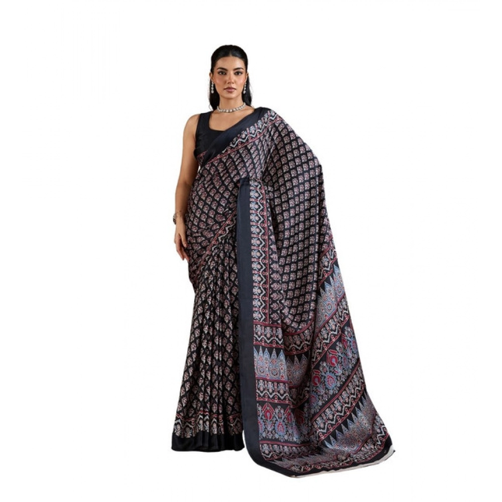 Women's Satin Crepe Printed Saree With Unstitched Blouse 5.5Mtr (Black)