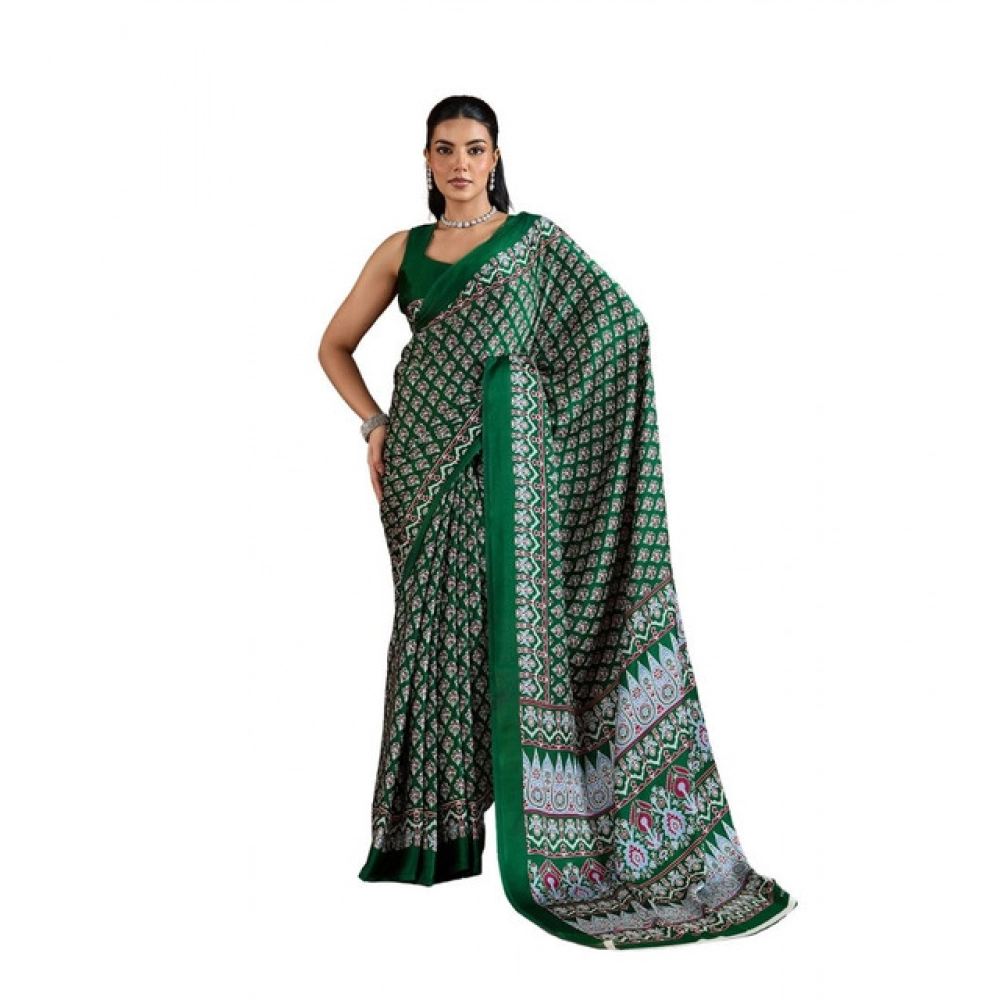 Women's Satin Crepe Printed Saree With Unstitched Blouse 5.5Mtr (Green)