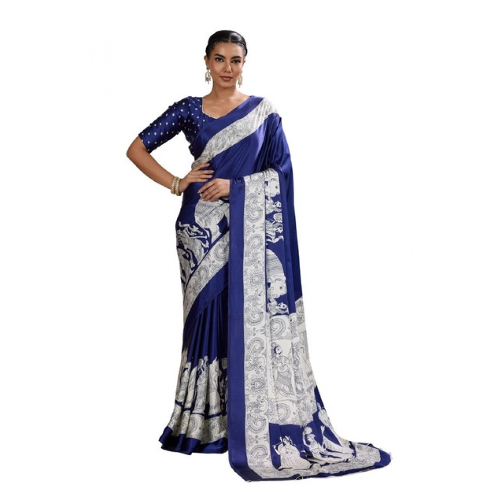 Women's Satin Crepe Printed Saree With Unstitched Blouse 5.5Mtr (Blue)