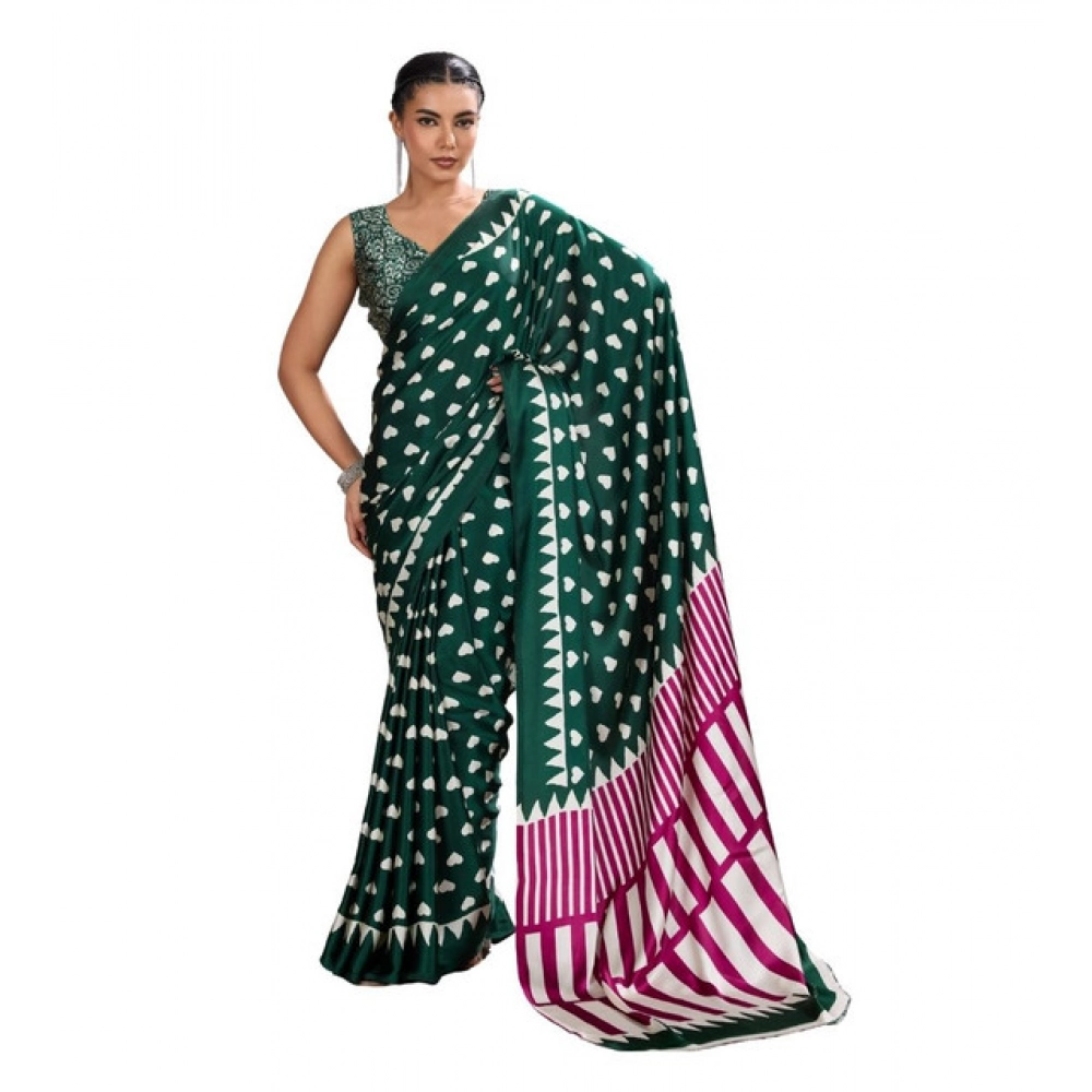 Women's Satin Crepe Printed Saree With Unstitched Blouse 5.5Mtr (Bottle Green)