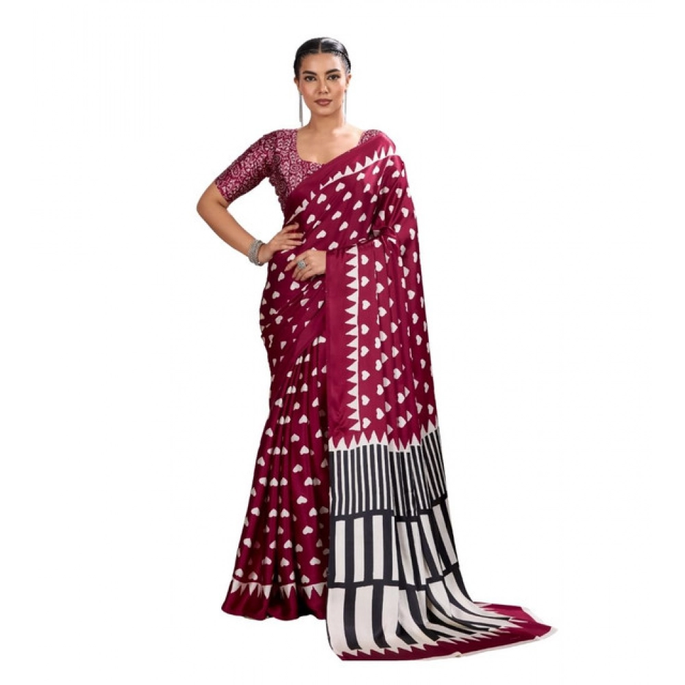 Women's Satin Crepe Printed Saree With Unstitched Blouse 5.5Mtr (Maroon)
