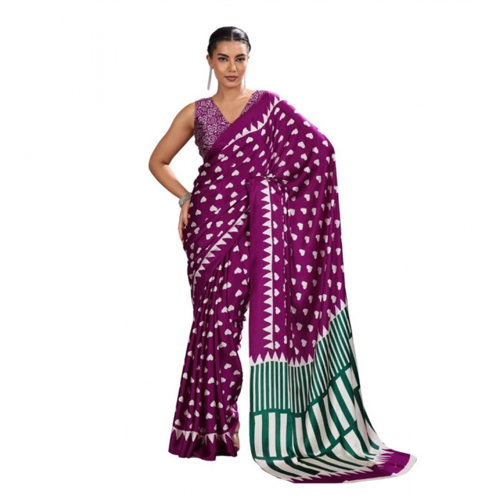 Women's Satin Crepe Printed Saree With Unstitched Blouse 5.5Mtr (Purple)