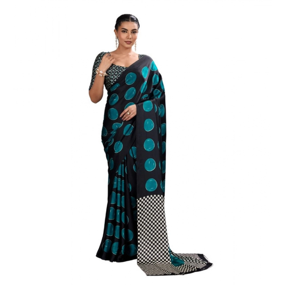 Women's Satin Crepe Printed Saree With Unstitched Blouse 5.5Mtr (Black)