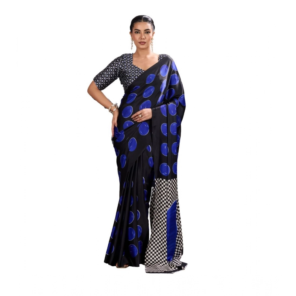Women's Satin Crepe Printed Saree With Unstitched Blouse 5.5Mtr (Blue)