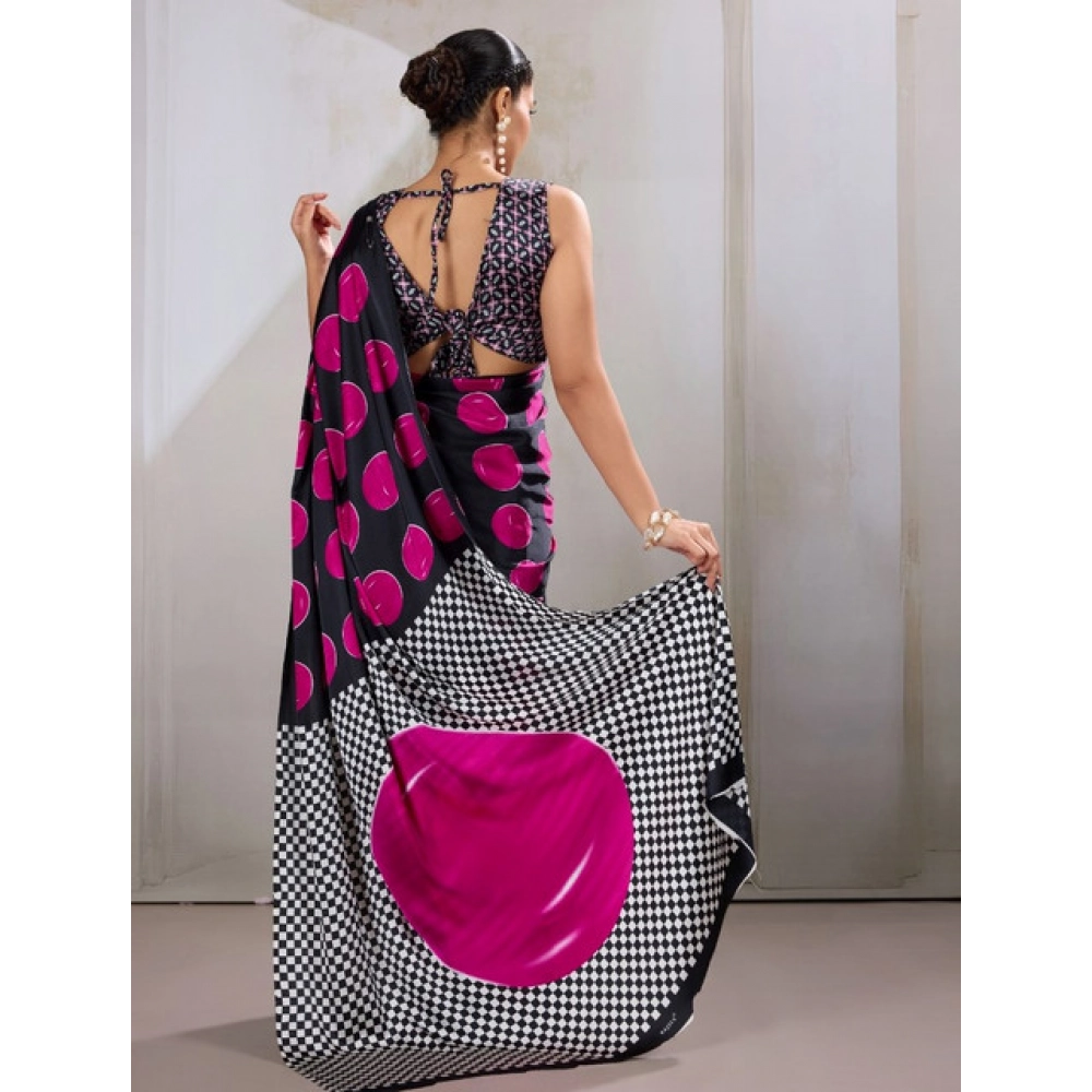 Women's Satin Crepe Printed Saree With Unstitched Blouse 5.5Mtr (Pink) - Image 4