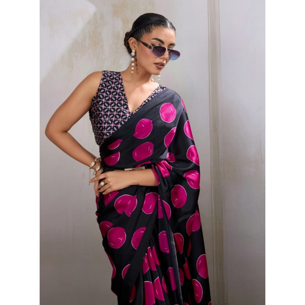 Women's Satin Crepe Printed Saree With Unstitched Blouse 5.5Mtr (Pink) - Image 3