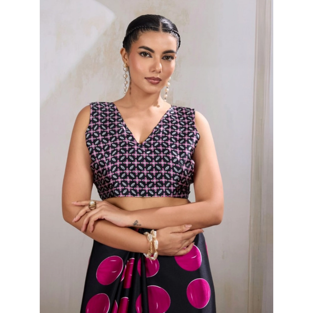 Women's Satin Crepe Printed Saree With Unstitched Blouse 5.5Mtr (Pink) - Image 2