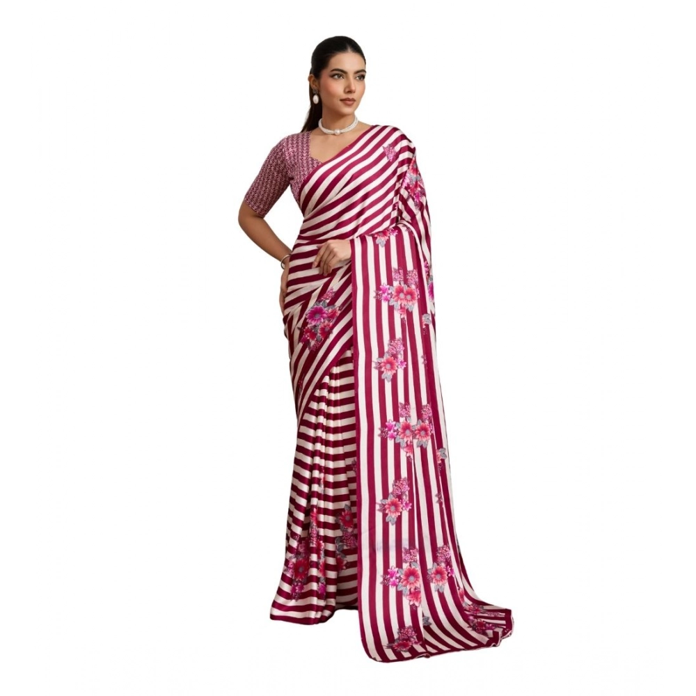 Women's Satin Crepe Printed Saree With Unstitched Blouse 5.5Mtr (Maroon)