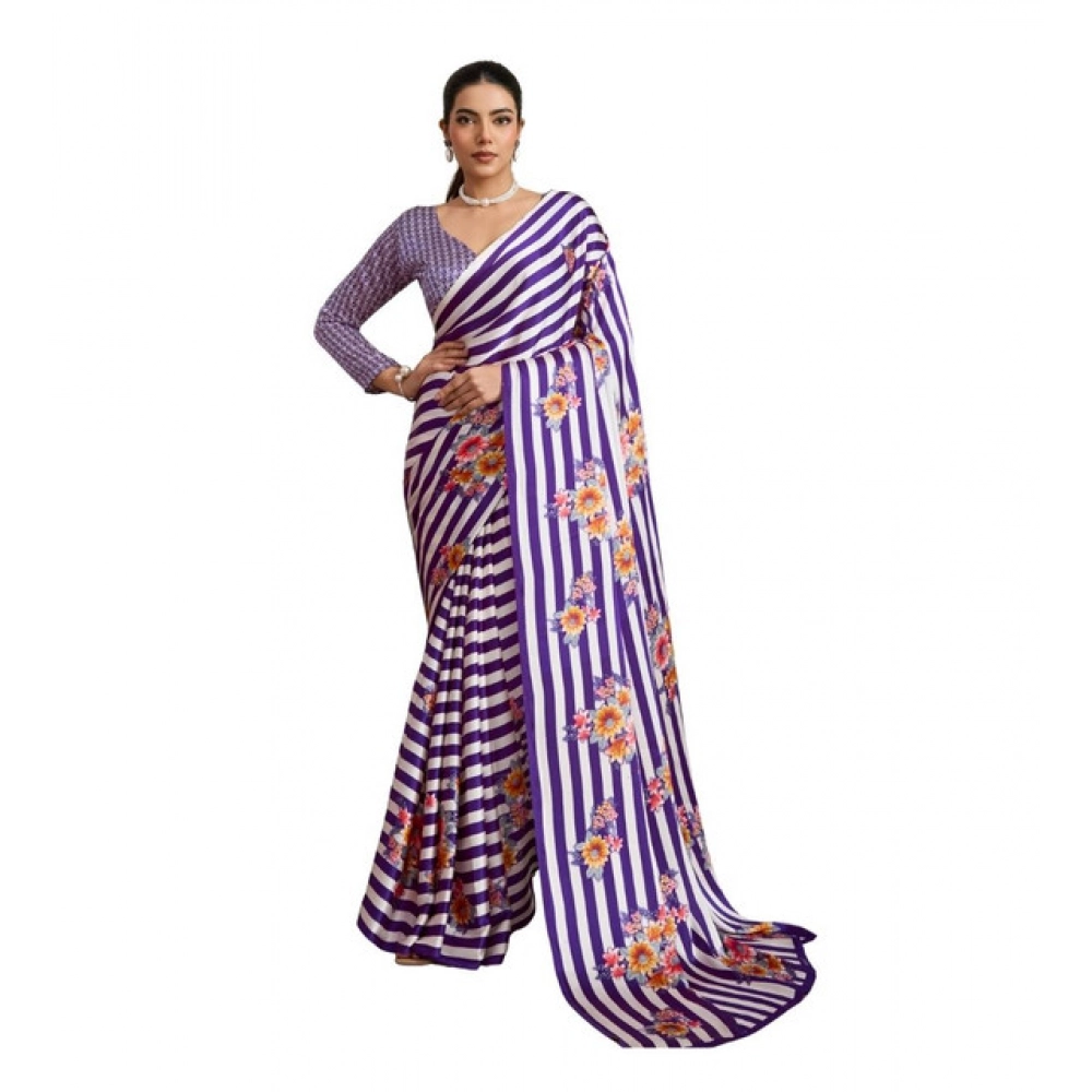 Women's Satin Crepe Printed Saree With Unstitched Blouse 5.5Mtr (Purple)
