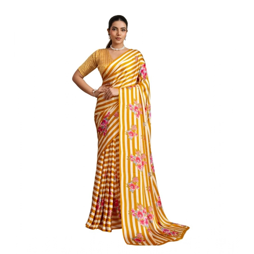 Women's Satin Crepe Printed Saree With Unstitched Blouse 5.5Mtr (Mustard)