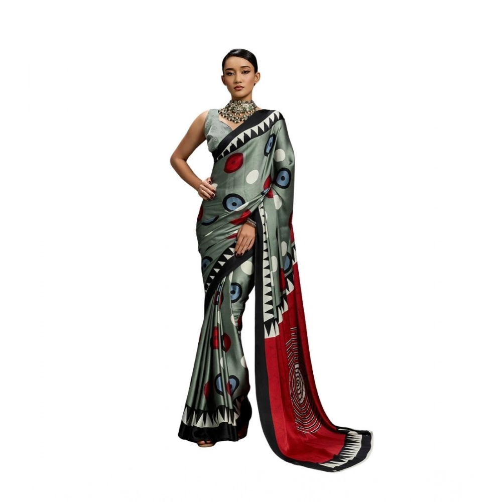 Women's Satin Crepe Printed Saree With Unstitched Blouse 5.5Mtr (Multicolor)