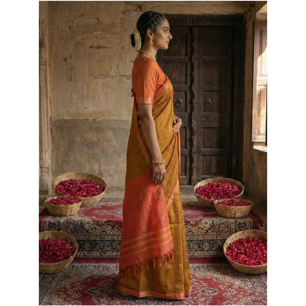 Women's Cotton Printed Saree With Unstitched Blouse 5.5Mtr (Mustrad) - Image 3