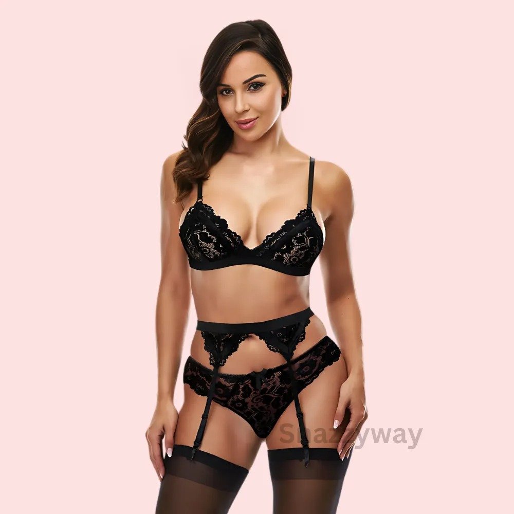 Exotic black lace bra set with garter belt
