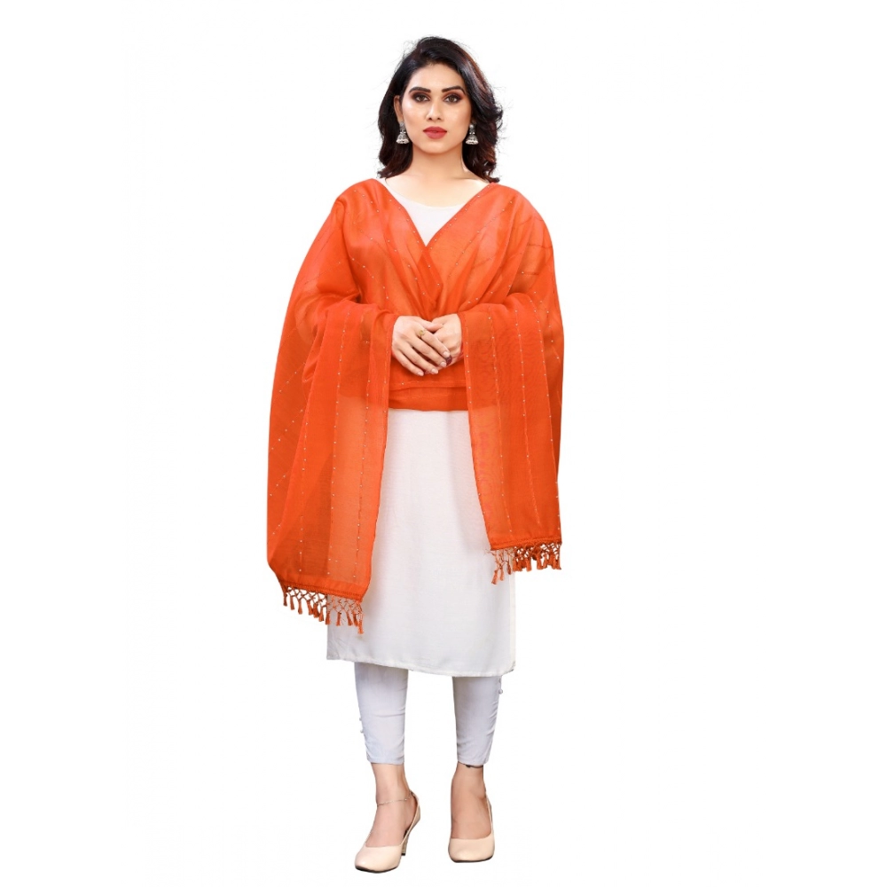 Women's Cotton Silk Strips Printed Dupatta (Orange, Length:2-2.4 mtr)