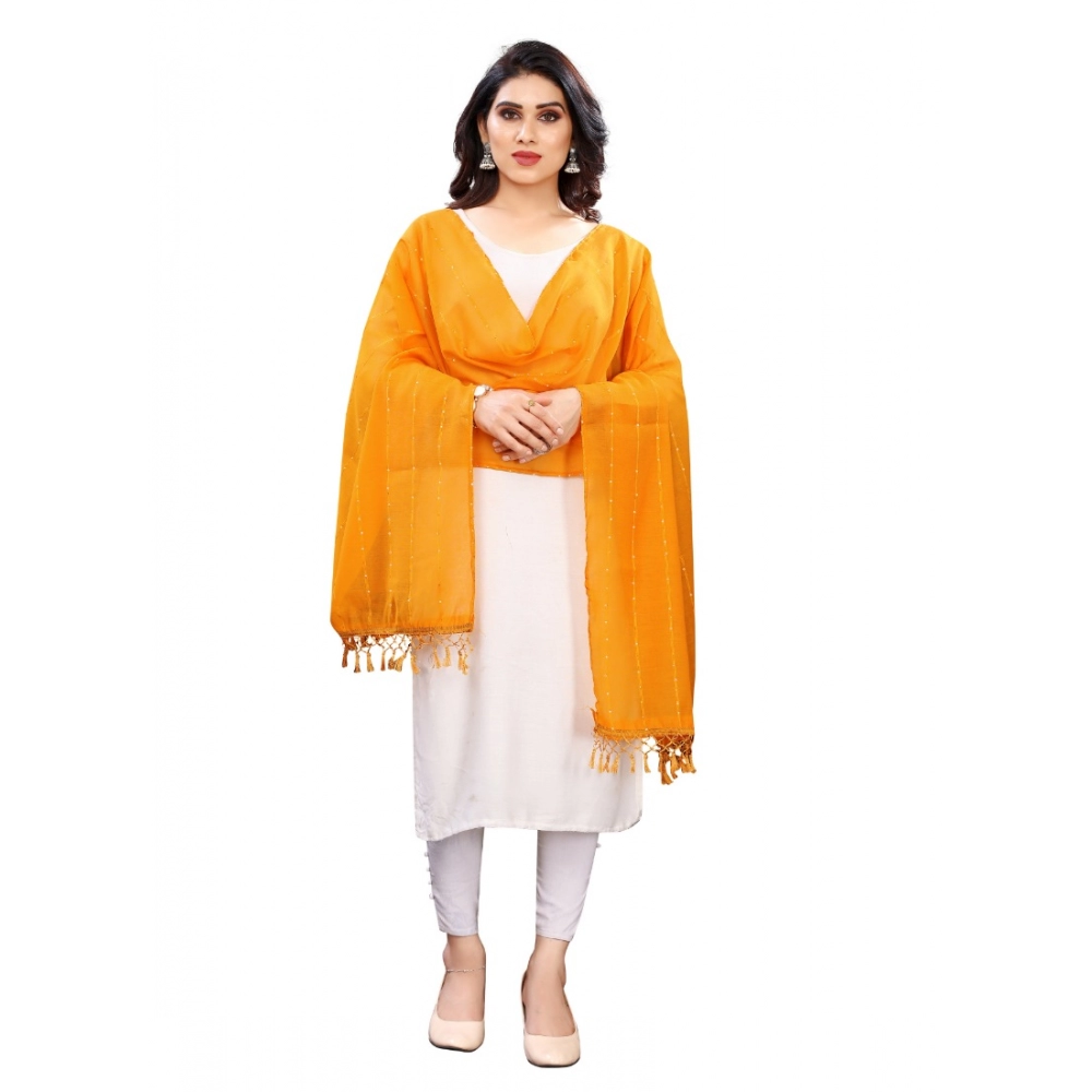 Women's Cotton Silk Strips Printed Dupatta (Musterd Yellow, Length:2-2.4 mtr)