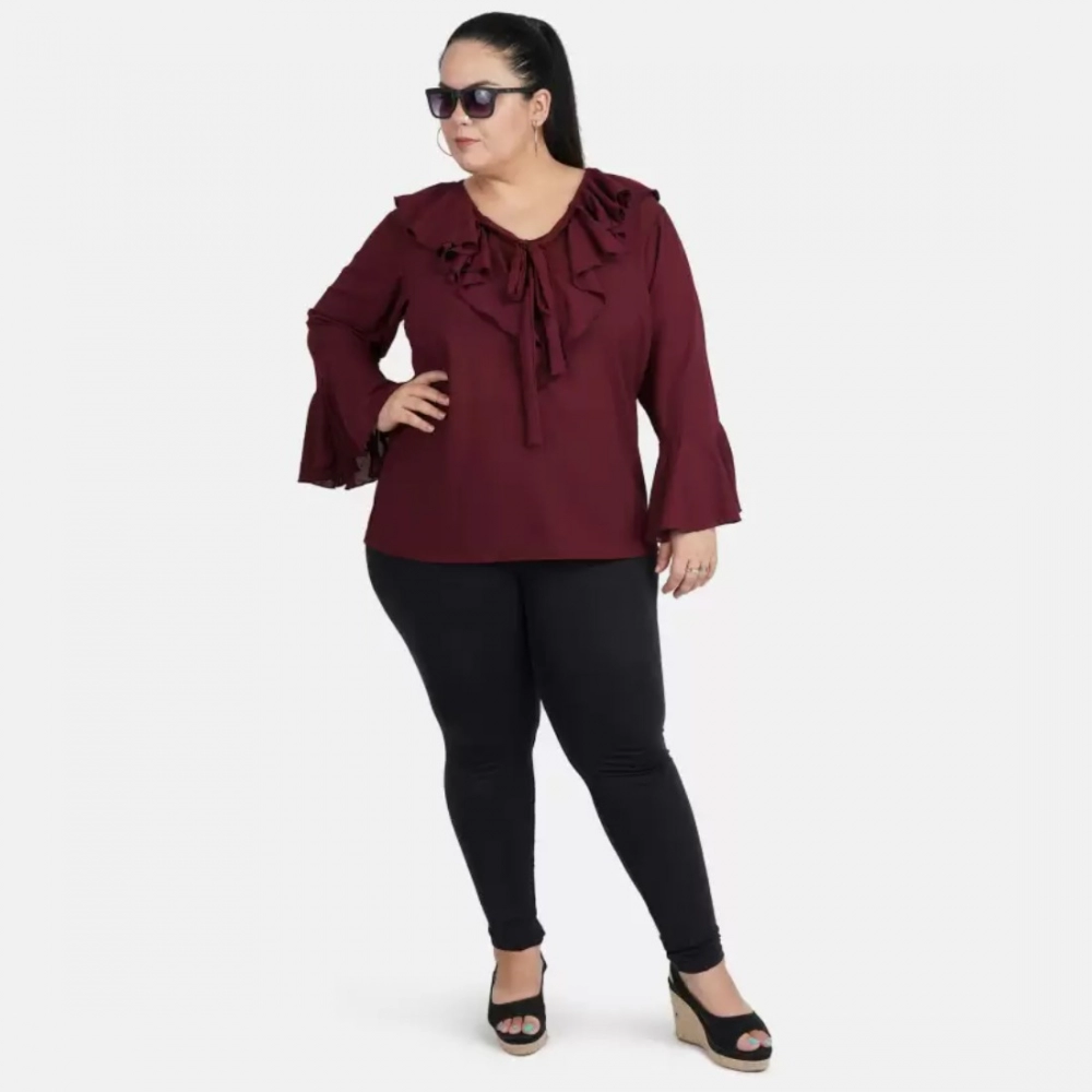 Women's Casual Bell Sleeve Solid Maroon Top (Color:Maroon, Material:Georgette) - Image 2