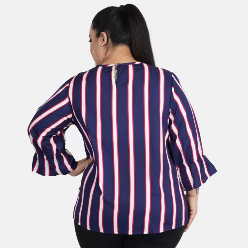 Women's Casual Bell Sleeve Striped Blue Top (Color:Blue, Material:Crepe) - Image 5