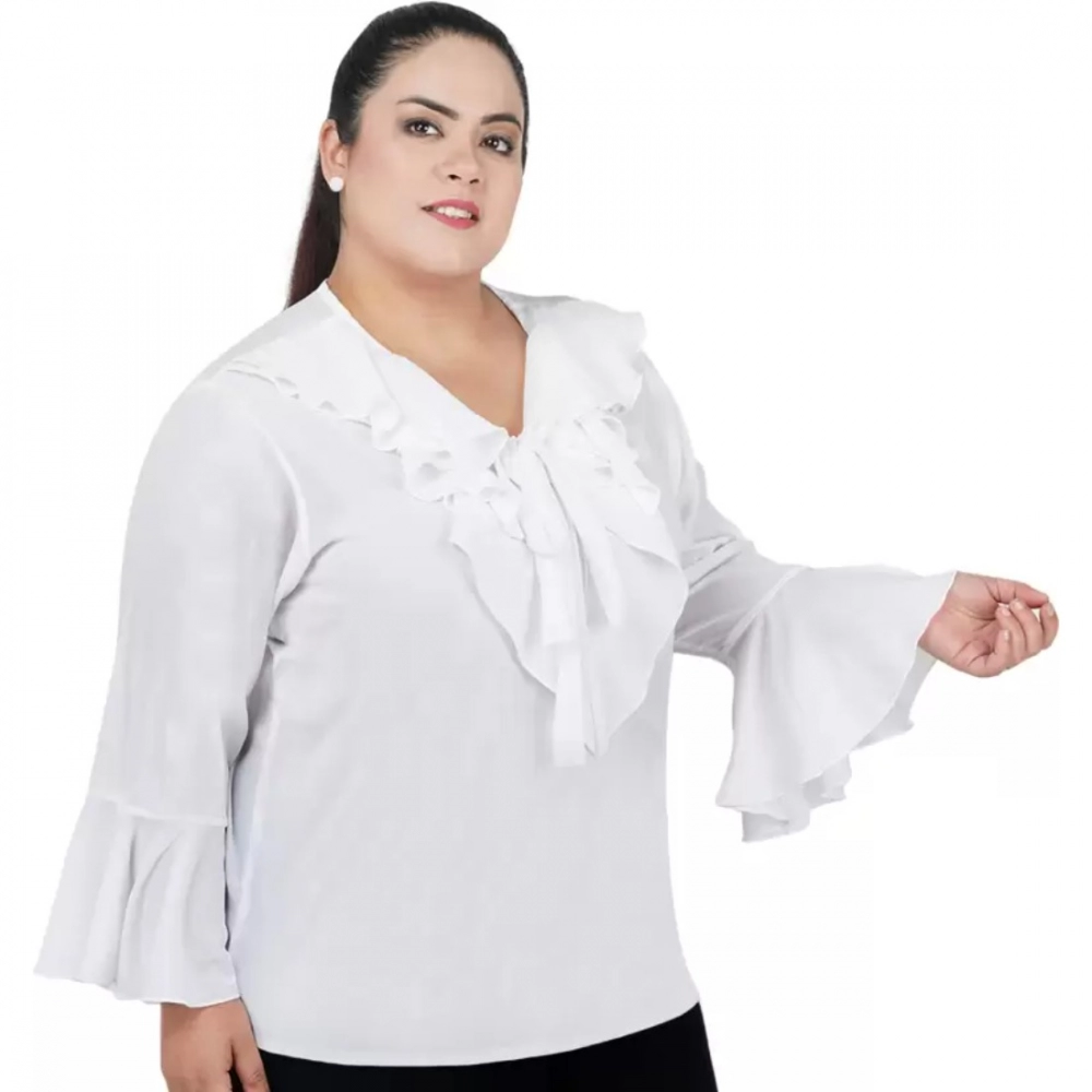 Women's Casual Bell Sleeve Solid White Top (Color:White, Material:Georgette) - Image 5