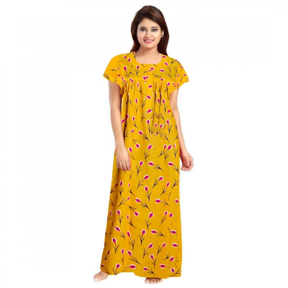 Women's Cotton Printed Maxi Nighty (Yellow)