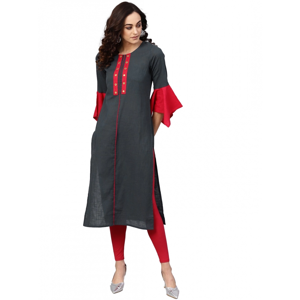 Women's Casual Bell Sleeves Mirror Work Cotton Slub Kurti (Grey)