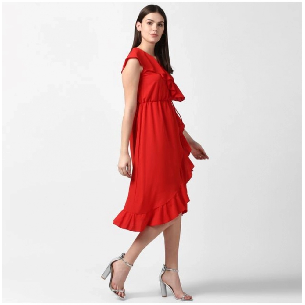Women's Polyester Ruffled Cap Sleeve Knee-Length Dress (Red) - Image 3