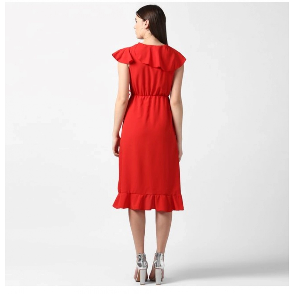 Women's Polyester Ruffled Cap Sleeve Knee-Length Dress (Red) - Image 6