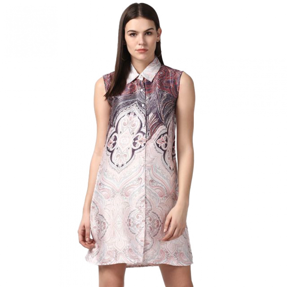 Women's Polyester Printed Sleeveless Above Knee Dress (Orange)