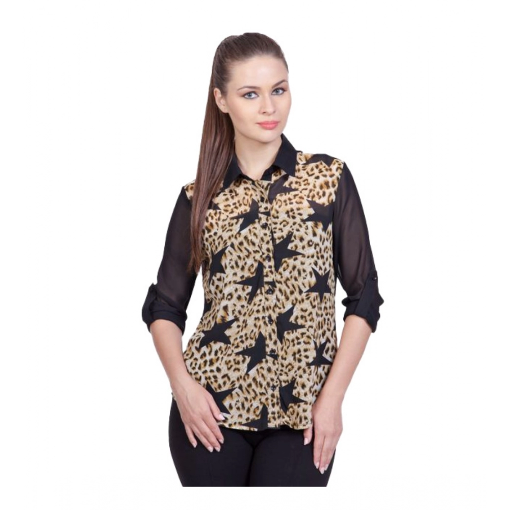Women's Polyester Printed Roll Up Sleeve Standard Length Shirt (Black)