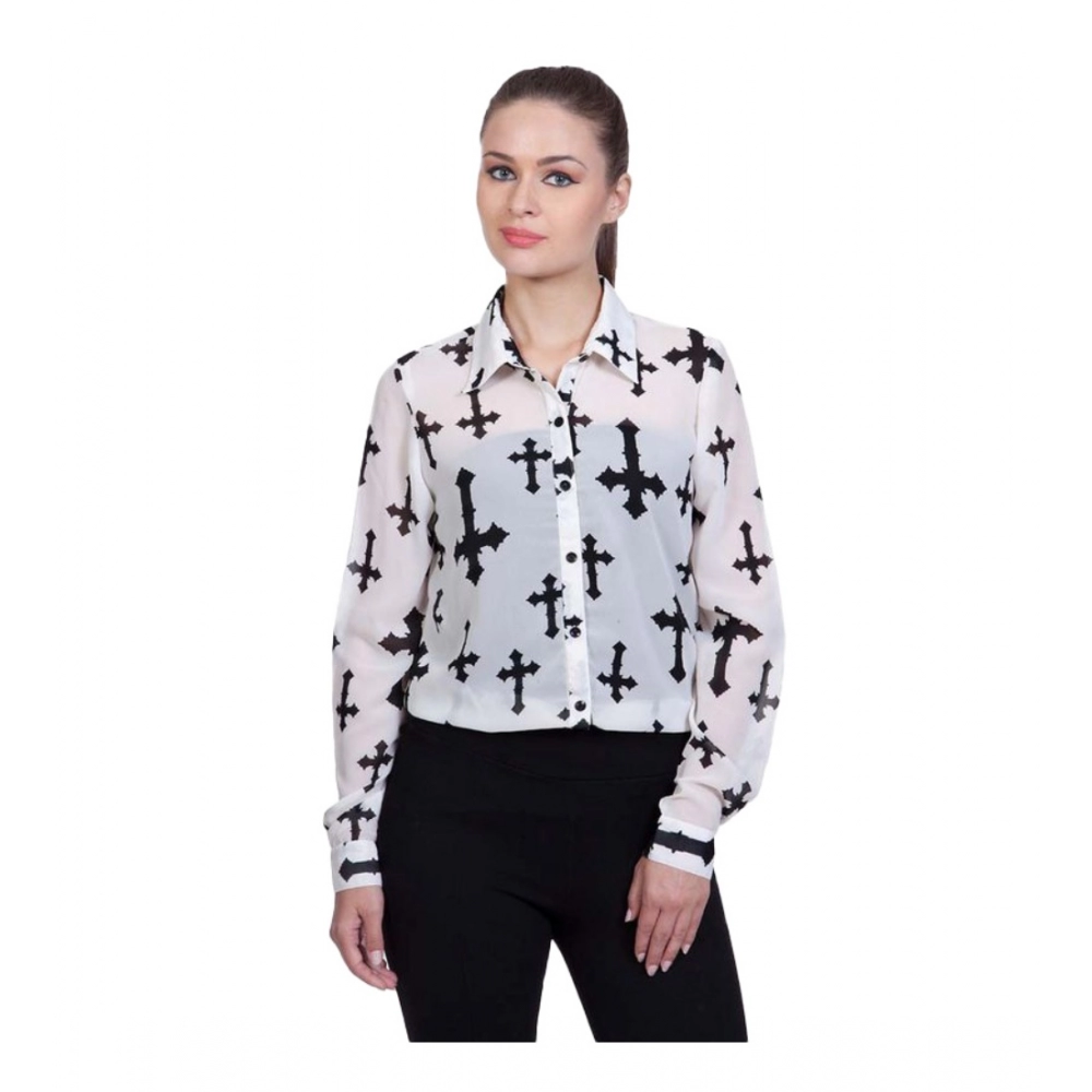 Women's Polyester Printed Long Sleeves Standard Length Shirt (White)