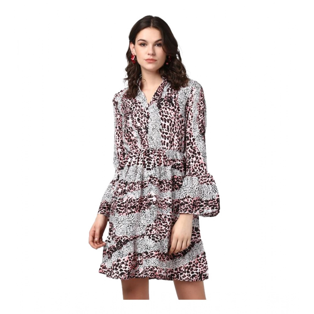 Women's Polyester Animal Print Bell Sleeve Above Knee Dress (Pink - Black)