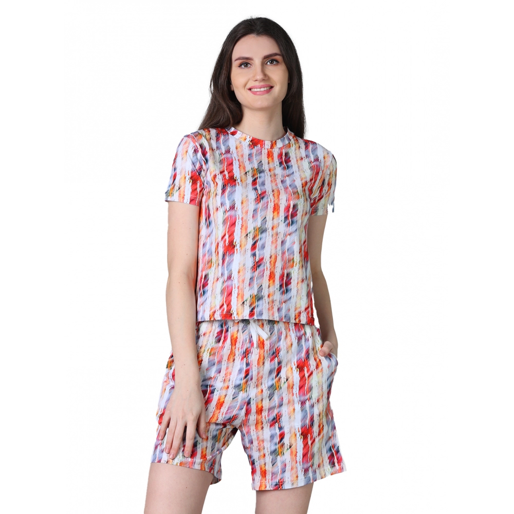 Women's Cotton Blended Printed Round Neck Half Sleeve Top - Shorts Set (Red)