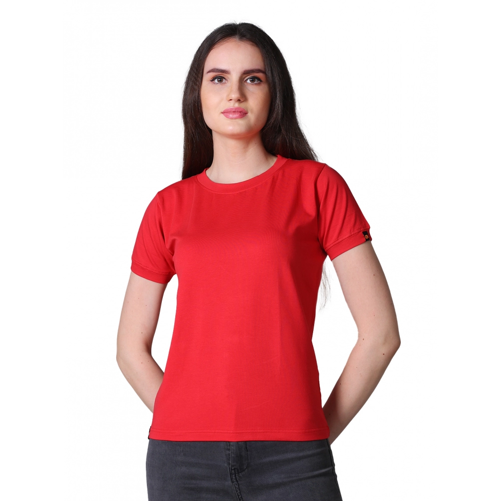 Women's Cotton Blended Solid Round Neck Half Sleeve T-Shirt (Red)