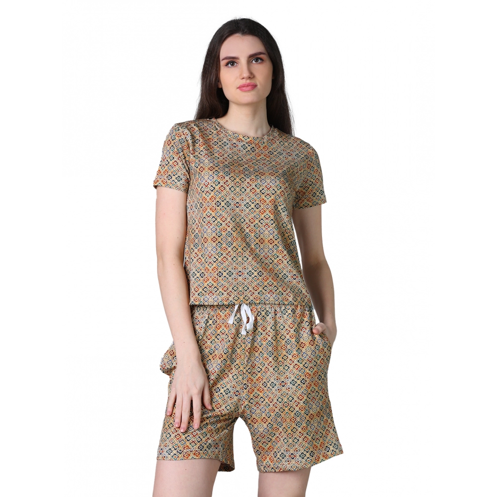 Women's Cotton Blended Printed Round Neck Half Sleeve Top - Shorts Set (Beige)