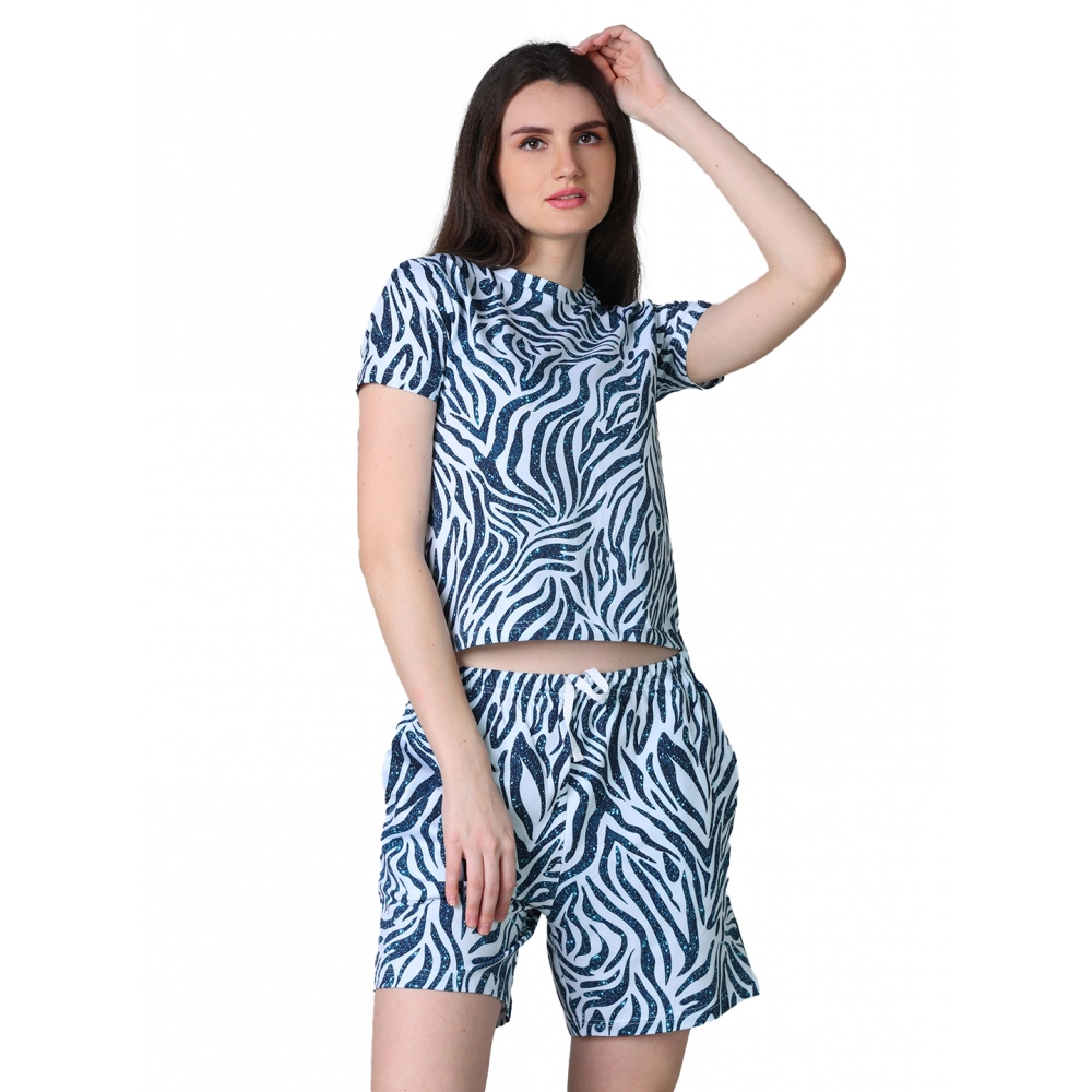 Women's Cotton Blended Printed Round Neck Half Sleeve Top - Shorts Set (Blue)