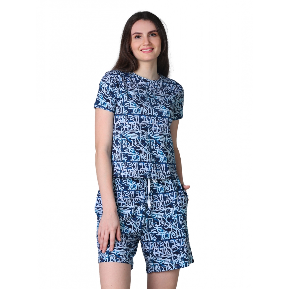 Women's Cotton Blended Printed Round Neck Half Sleeve Top - Shorts Set (White-Blue)