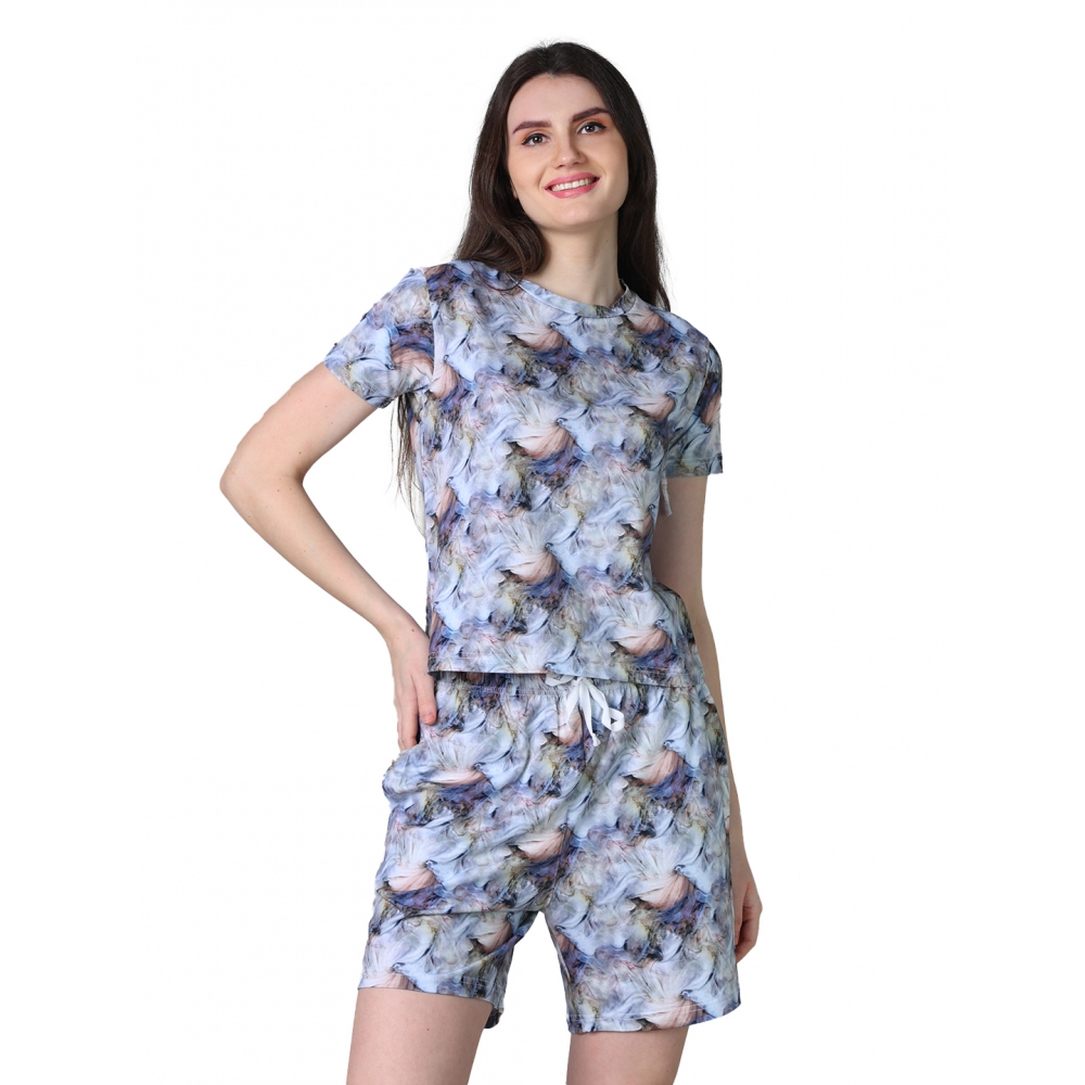Women's Cotton Blended Printed Round Neck Half Sleeve Top - Shorts Set (Blue-Peach)
