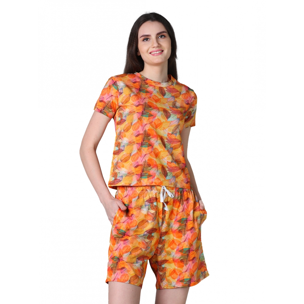 Women's Cotton Blended Printed Round Neck Half Sleeve Top - Shorts Set (Yellow)