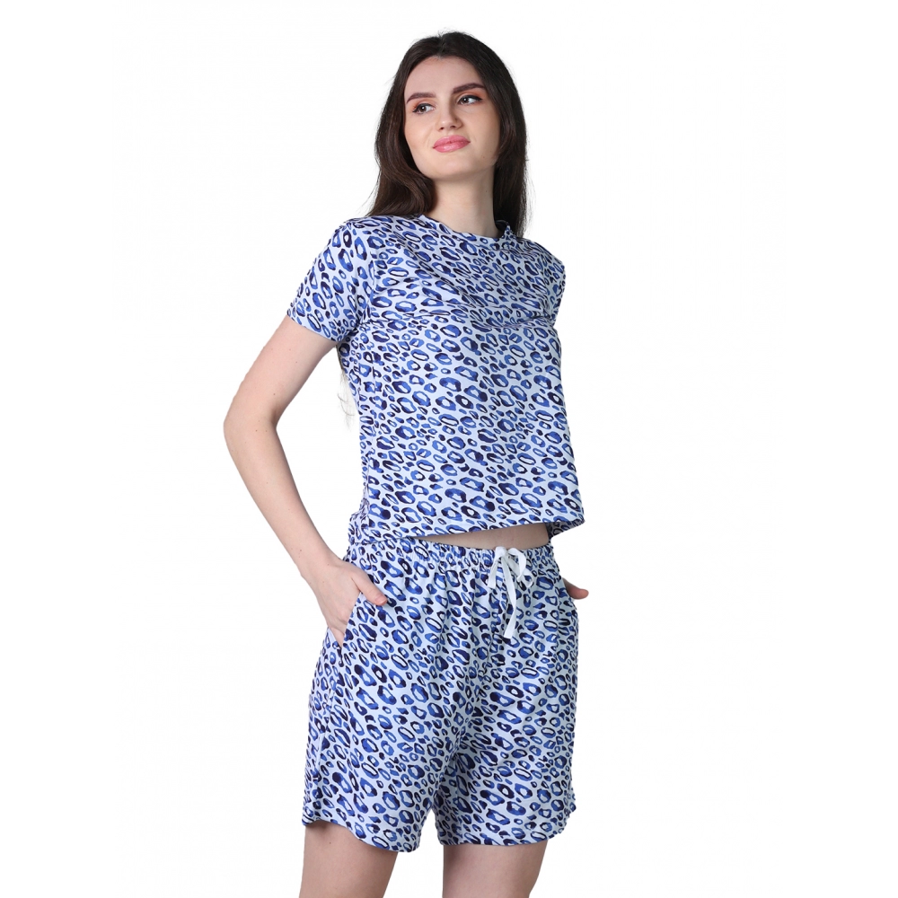 Women's Cotton Blended Printed Round Neck Half Sleeve Top - Shorts Set (Blue)